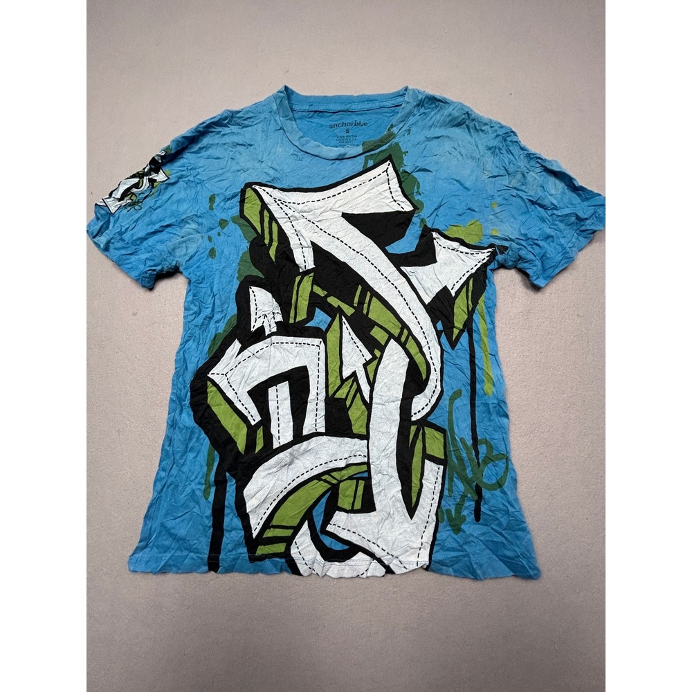 Anchor Blue T-Shirt 100% Cotton Graffiti Graphic Blue Small Mens